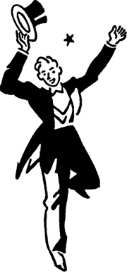 Vintage illustration of an actor with a top hat and coat performing a dance